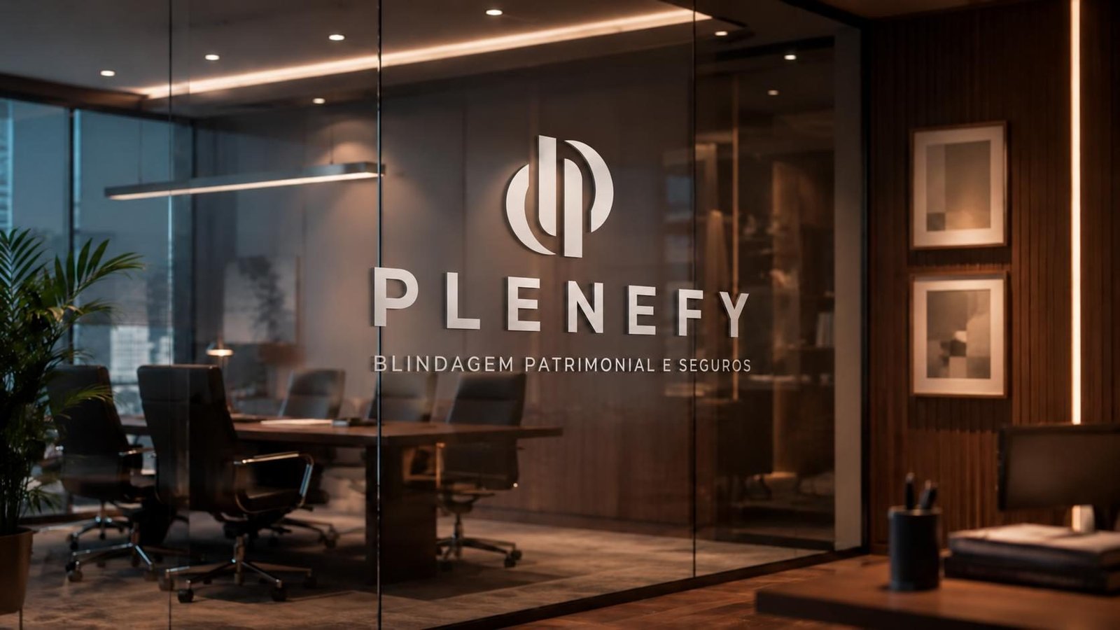 Escritório Plenefy com a marca aplicada no vidro da sala de reuniões